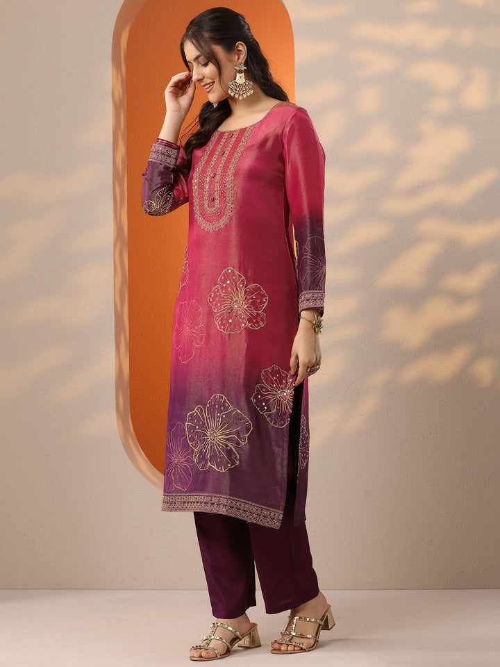 Pink Printed Silk Blend Straight Suit Set With Dupatta