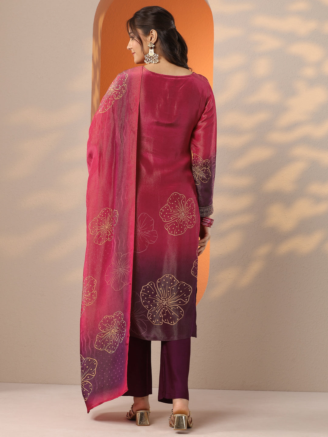 Pink Printed Silk Blend Straight Suit Set With Dupatta
