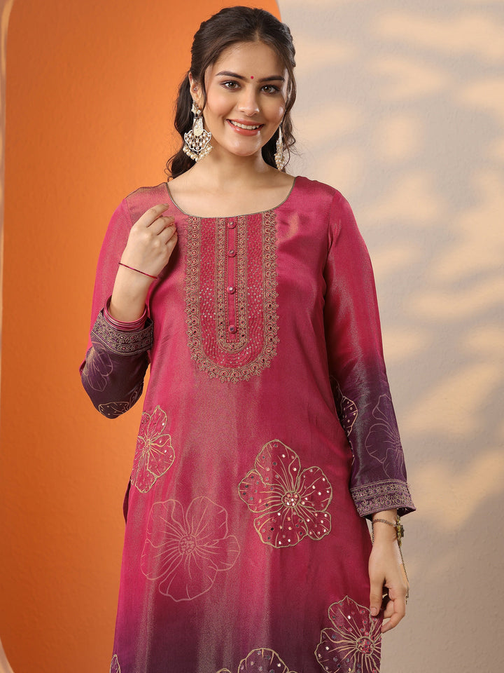 Pink Printed Silk Blend Straight Suit Set With Dupatta