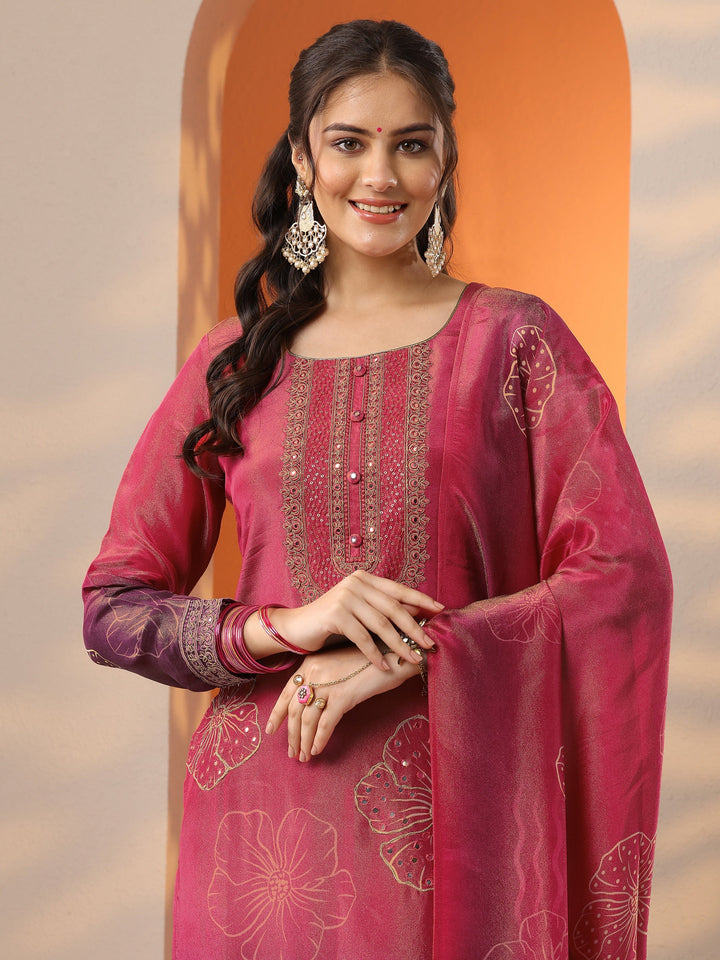 Pink Printed Silk Blend Straight Suit Set With Dupatta