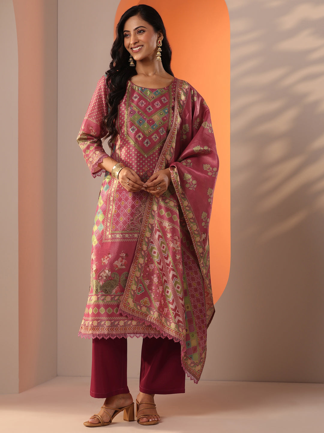 Pink Embellished Silk Blend Straight Suit Set With Dupatta