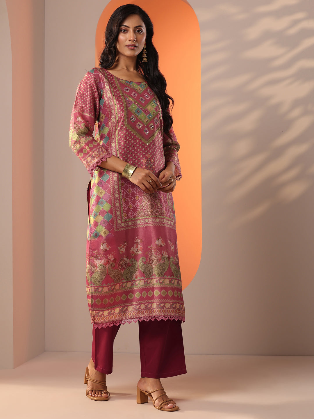 Pink Embellished Silk Blend Straight Suit Set With Dupatta