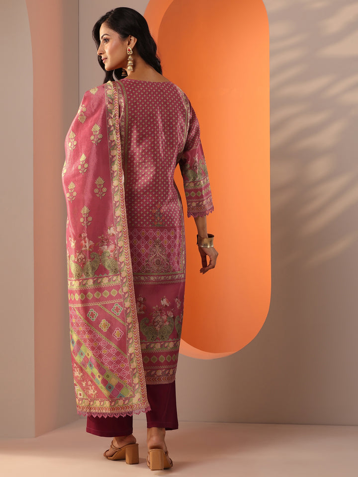 Pink Embellished Silk Blend Straight Suit Set With Dupatta