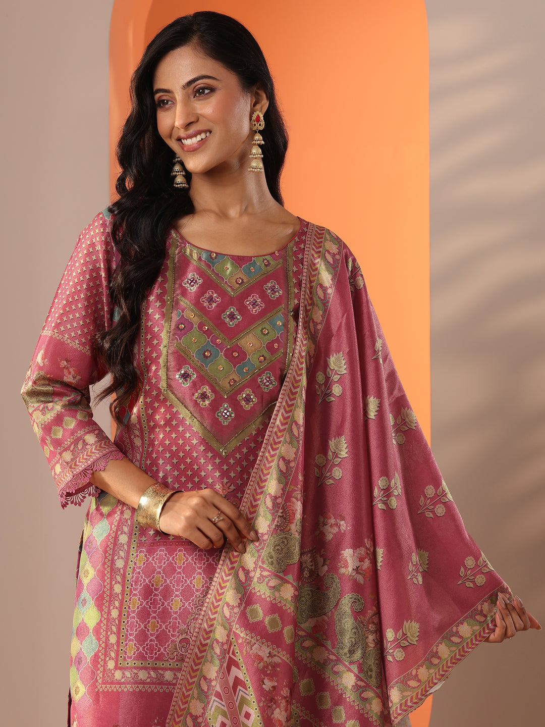 Pink Embellished Silk Blend Straight Suit Set With Dupatta