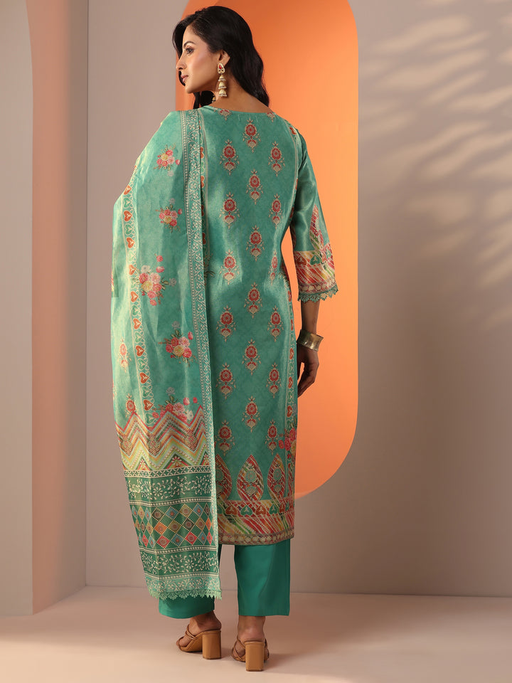 Green Embellished Silk Blend Straight Suit Set With Dupatta