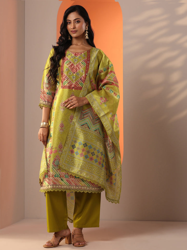 Mustard Embroidered Silk Blend Straight Suit Set With Dupatta