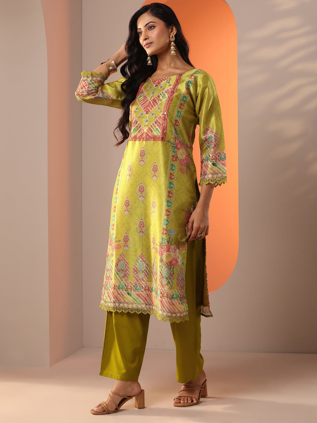 Mustard Embroidered Silk Blend Straight Suit Set With Dupatta
