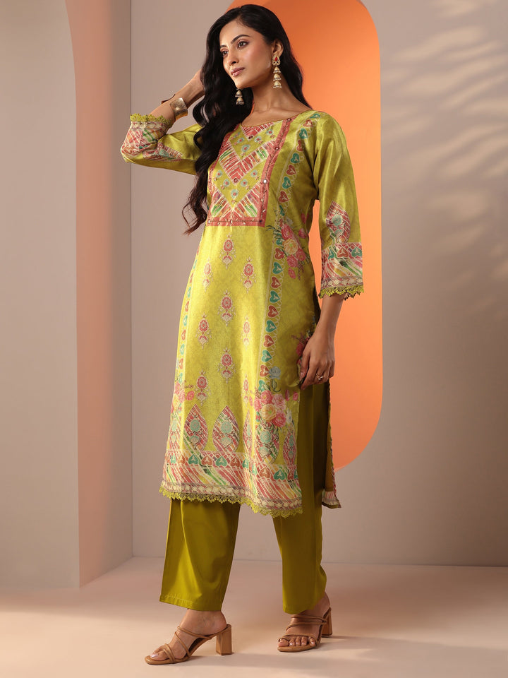 Mustard Embroidered Silk Blend Straight Suit Set With Dupatta