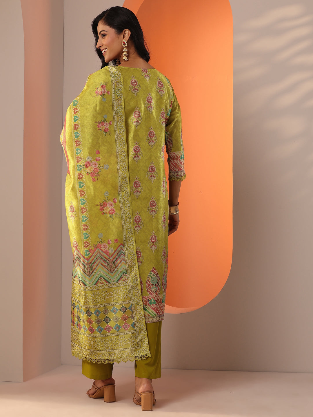 Mustard Embroidered Silk Blend Straight Suit Set With Dupatta