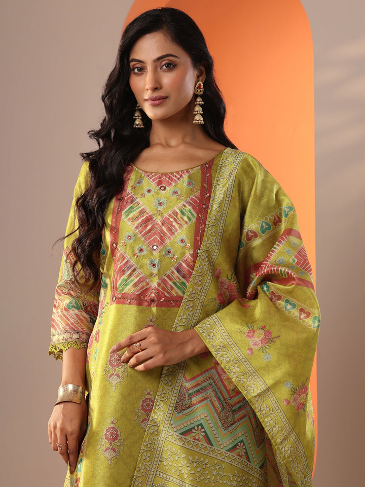 Mustard Embroidered Silk Blend Straight Suit Set With Dupatta