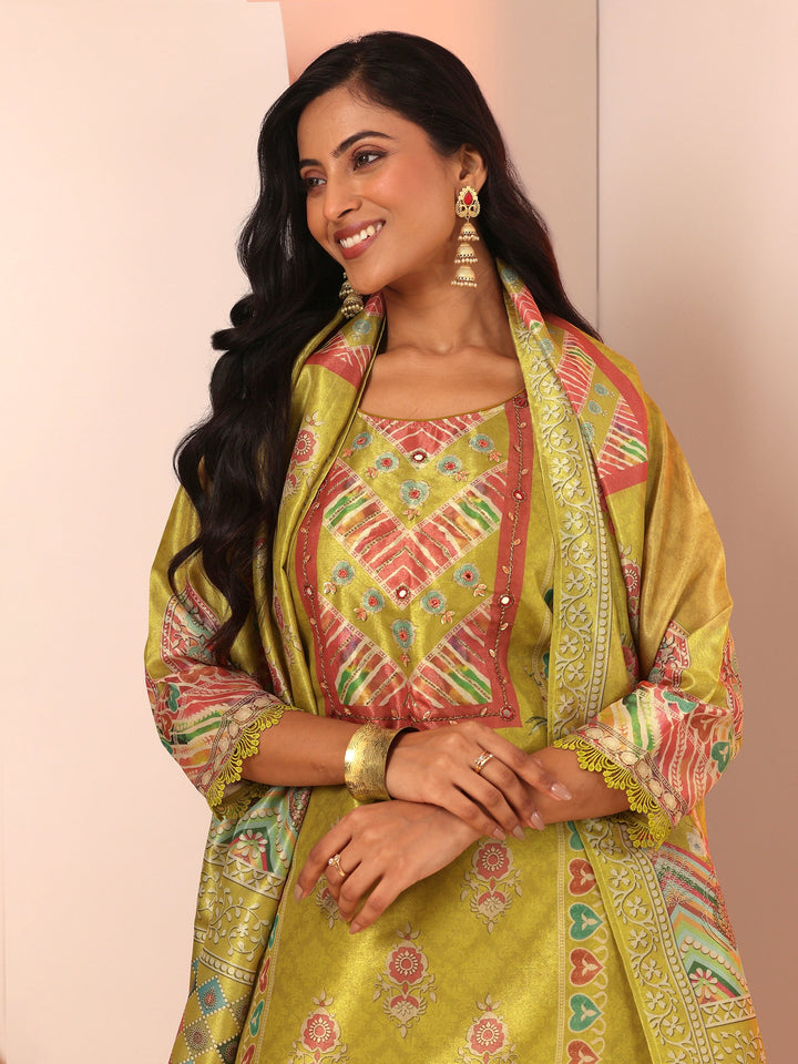 Mustard Embroidered Silk Blend Straight Suit Set With Dupatta