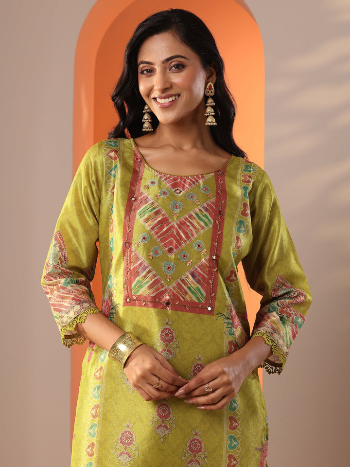 Mustard Embroidered Silk Blend Straight Suit Set With Dupatta
