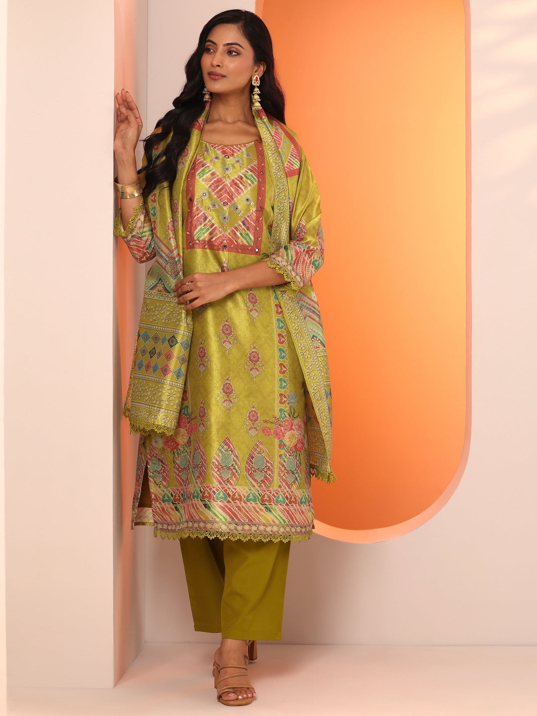Mustard Embroidered Silk Blend Straight Suit Set With Dupatta