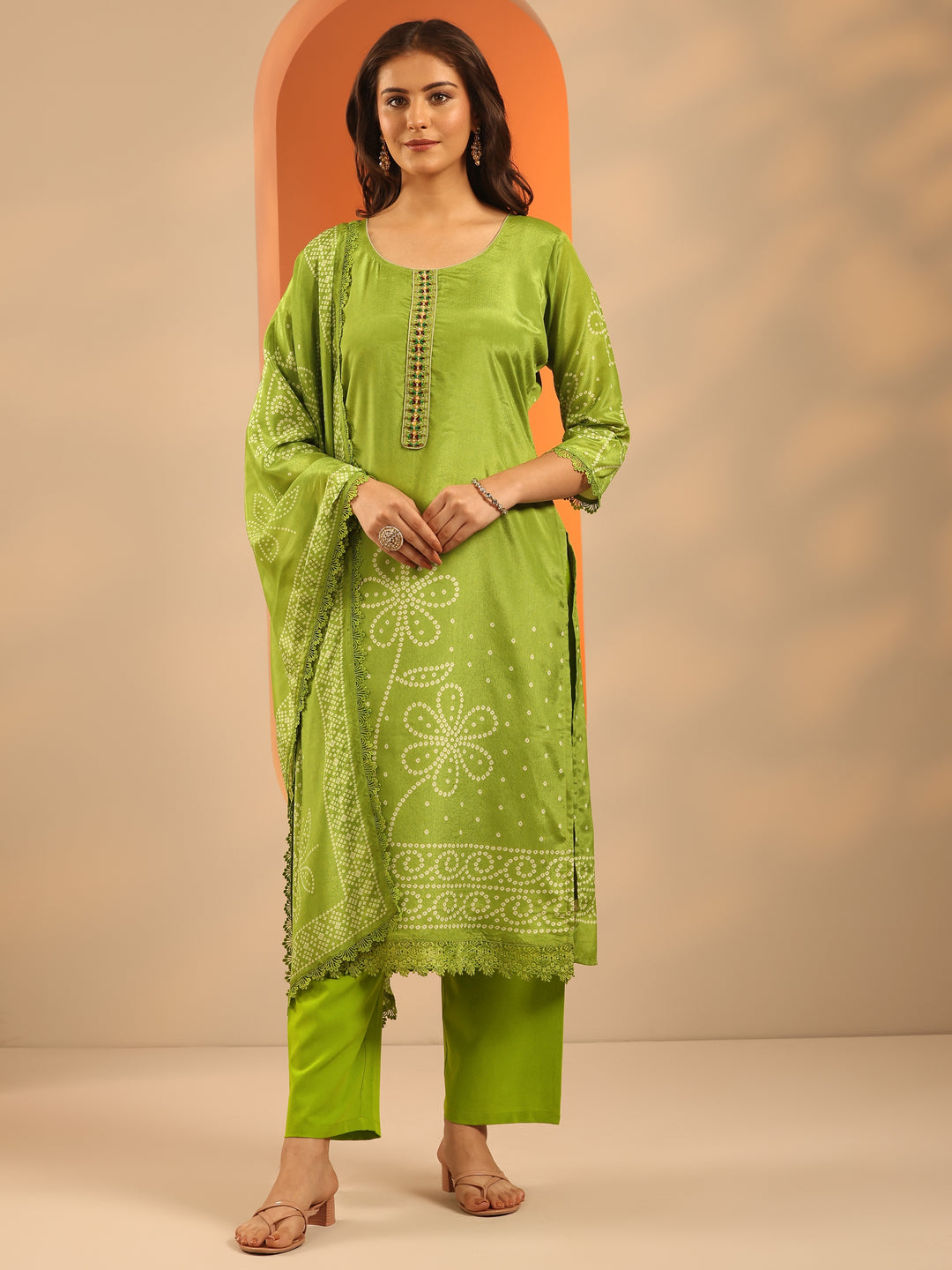 Green Printed Chinon Straight Suit Set With Dupatta