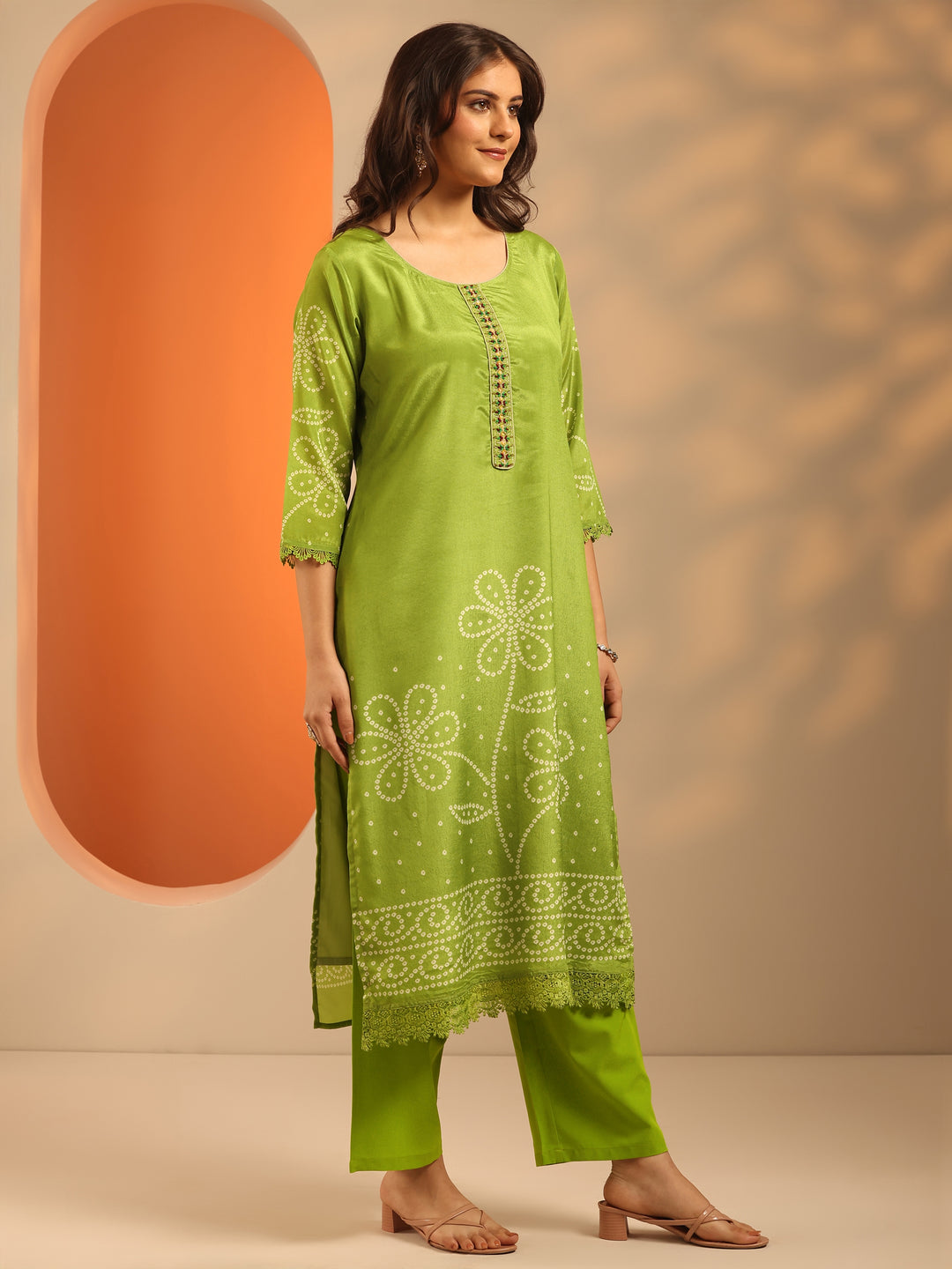 Green Printed Chinon Straight Suit Set With Dupatta