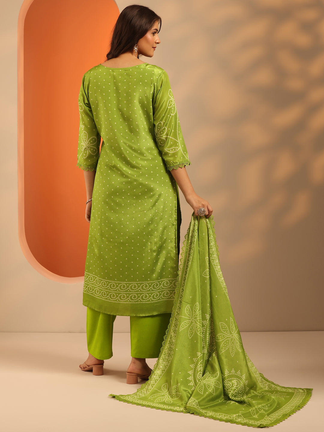 Green Printed Chinon Straight Suit Set With Dupatta