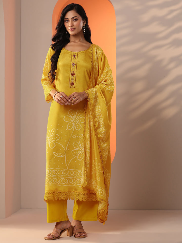 Mustard Printed Chinon Straight Suit Set With Dupatta