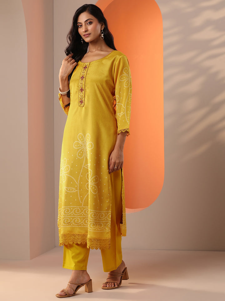 Mustard Printed Chinon Straight Suit Set With Dupatta