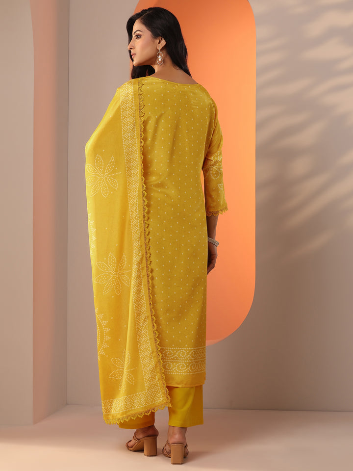 Mustard Printed Chinon Straight Suit Set With Dupatta