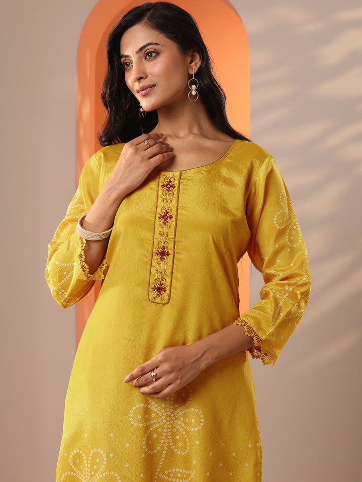 Mustard Printed Chinon Straight Suit Set With Dupatta