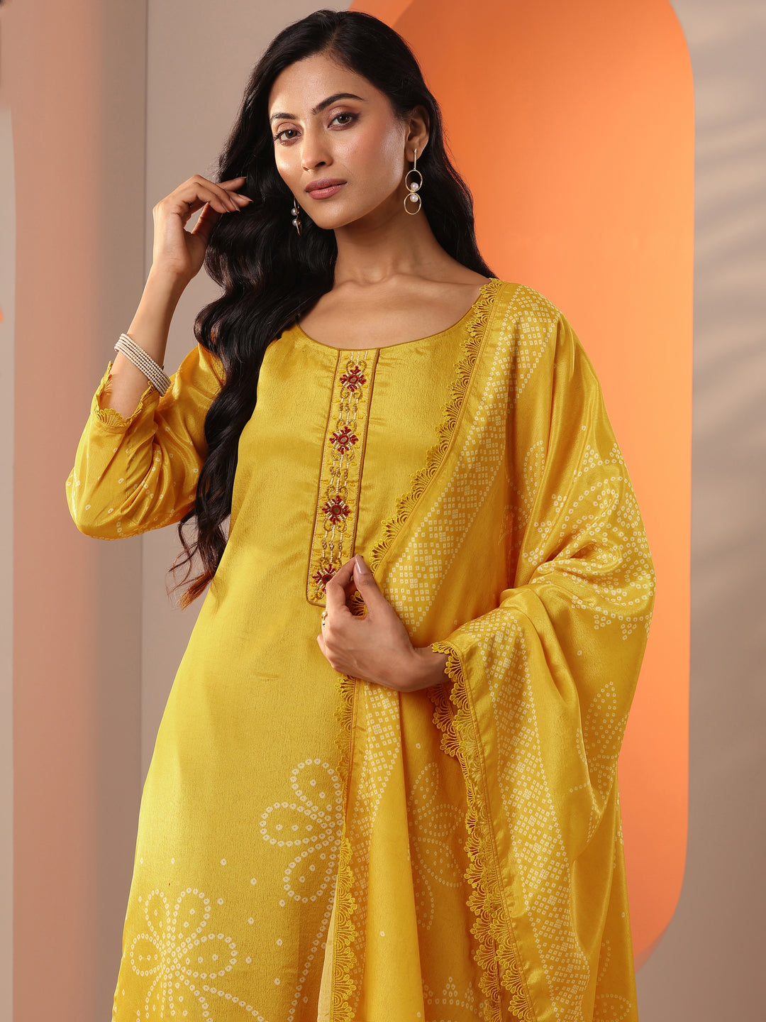Mustard Printed Chinon Straight Suit Set With Dupatta