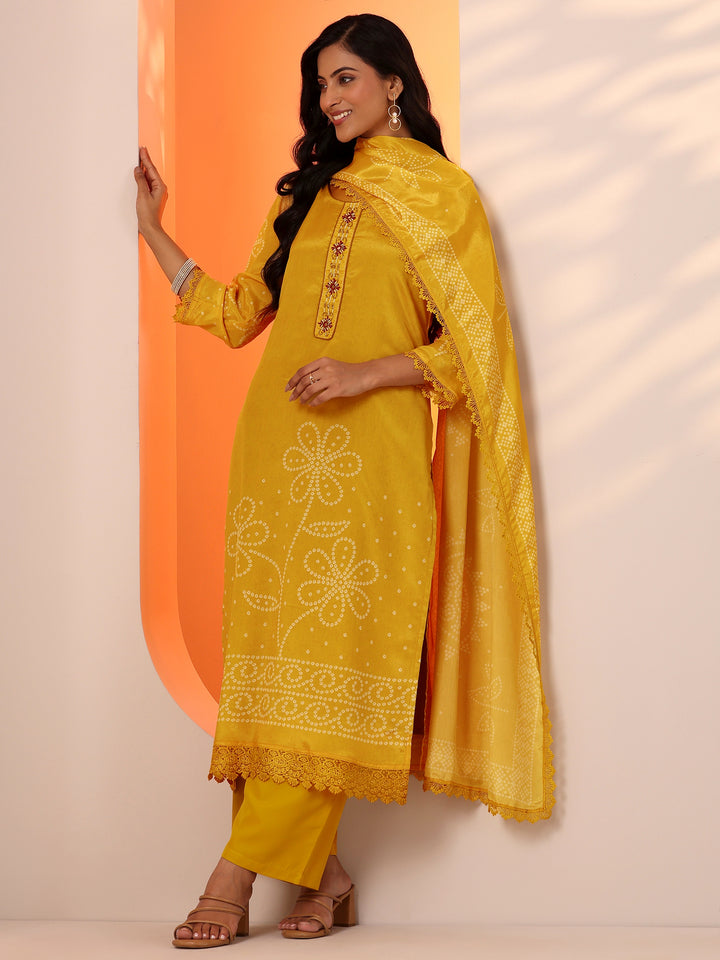 Mustard Printed Chinon Straight Suit Set With Dupatta