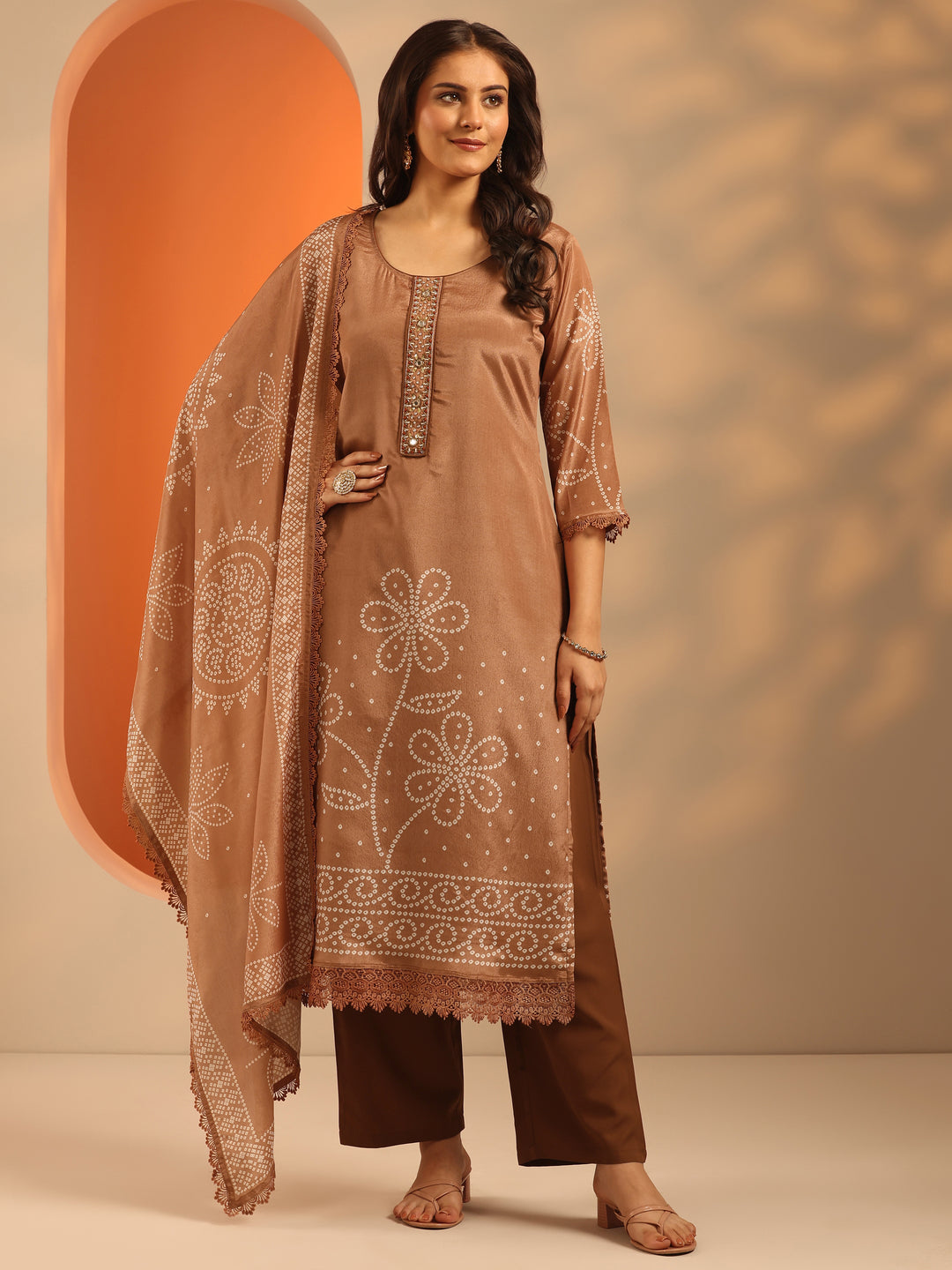 Brown Printed Chinon Straight Suit Set With Dupatta