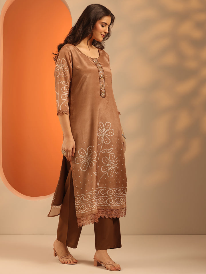 Brown Printed Chinon Straight Suit Set With Dupatta