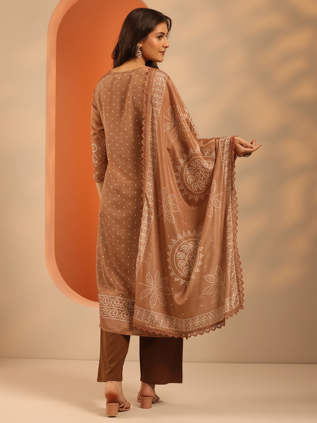 Brown Printed Chinon Straight Suit Set With Dupatta