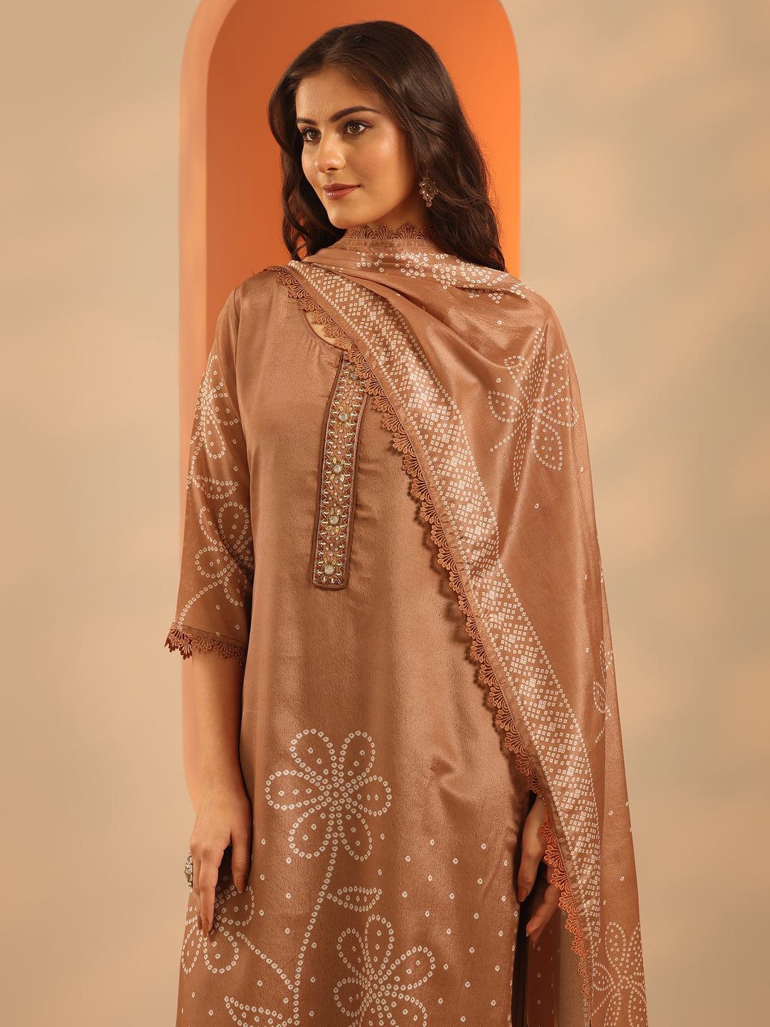 Brown Printed Chinon Straight Suit Set With Dupatta