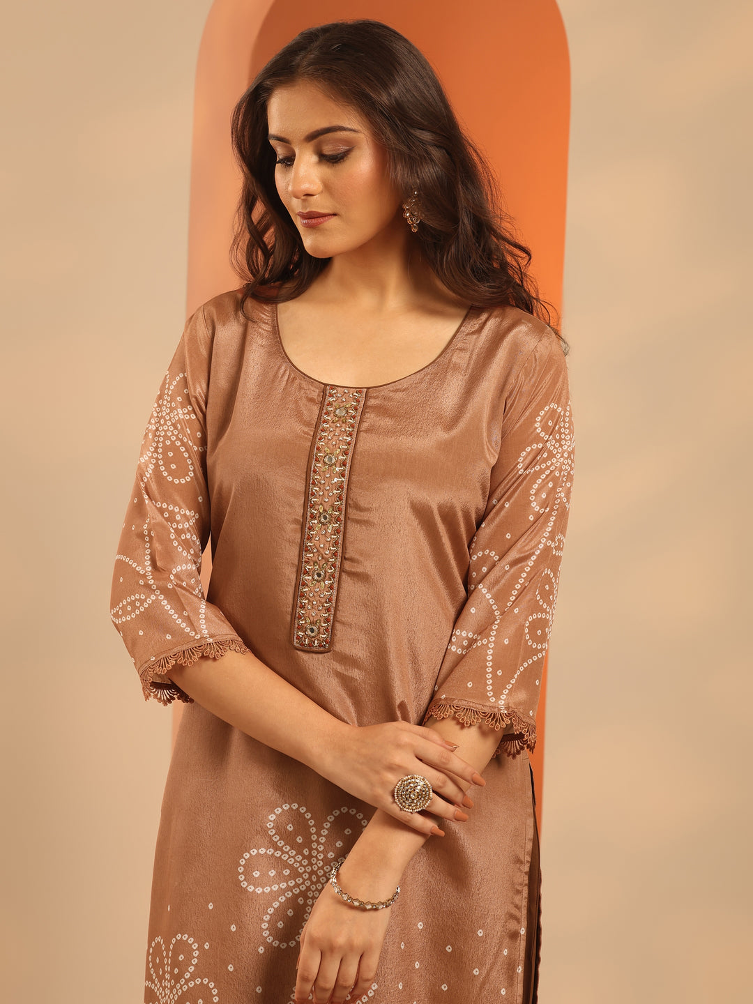 Brown Printed Chinon Straight Suit Set With Dupatta