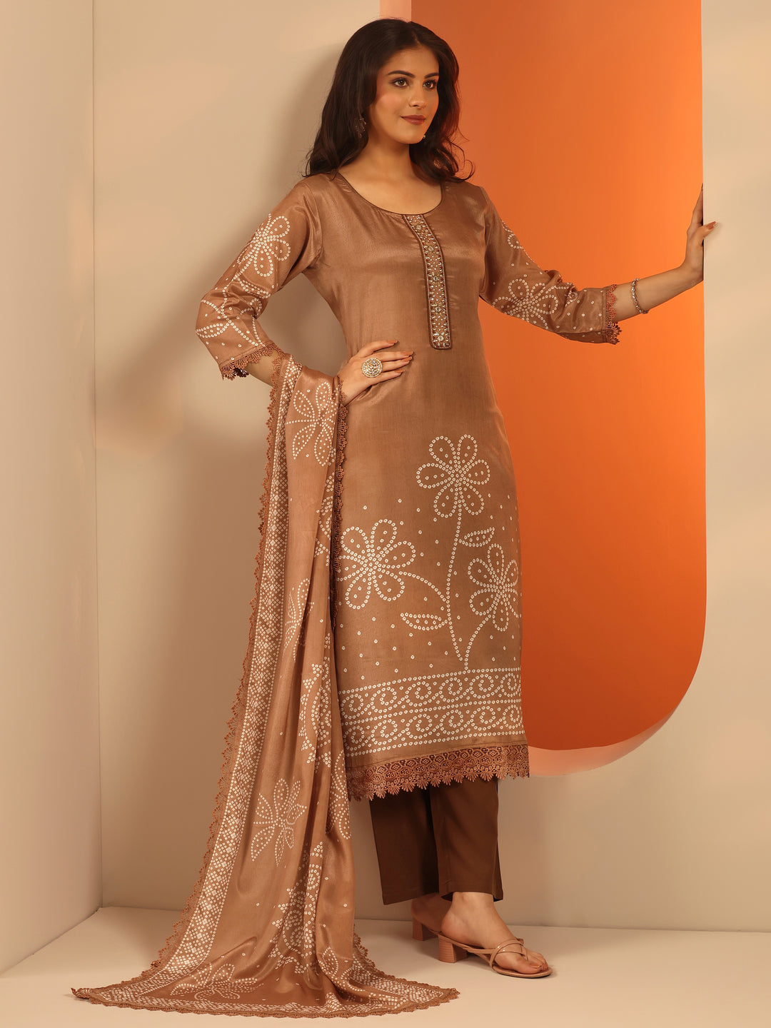 Brown Printed Chinon Straight Suit Set With Dupatta