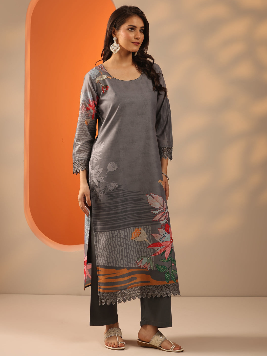 Grey Embroidered Crepe Straight Suit Set With Dupatta