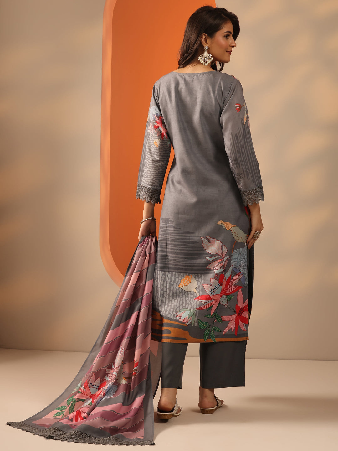 Grey Embroidered Crepe Straight Suit Set With Dupatta