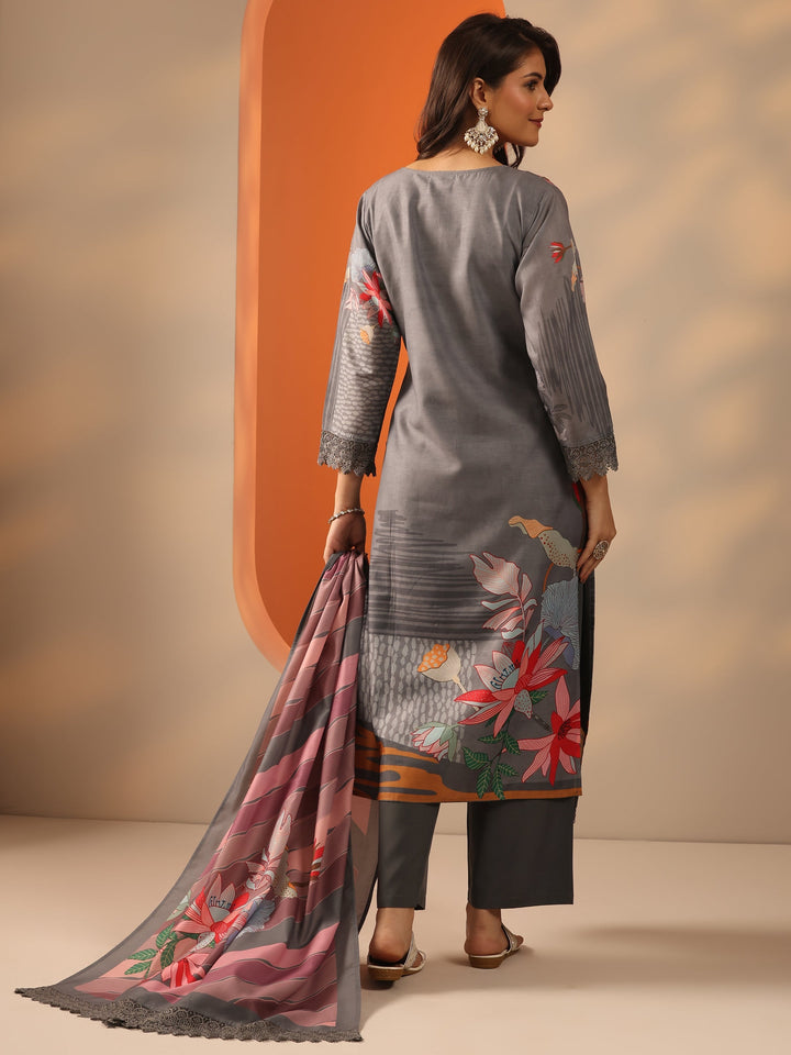 Grey Embroidered Crepe Straight Suit Set With Dupatta