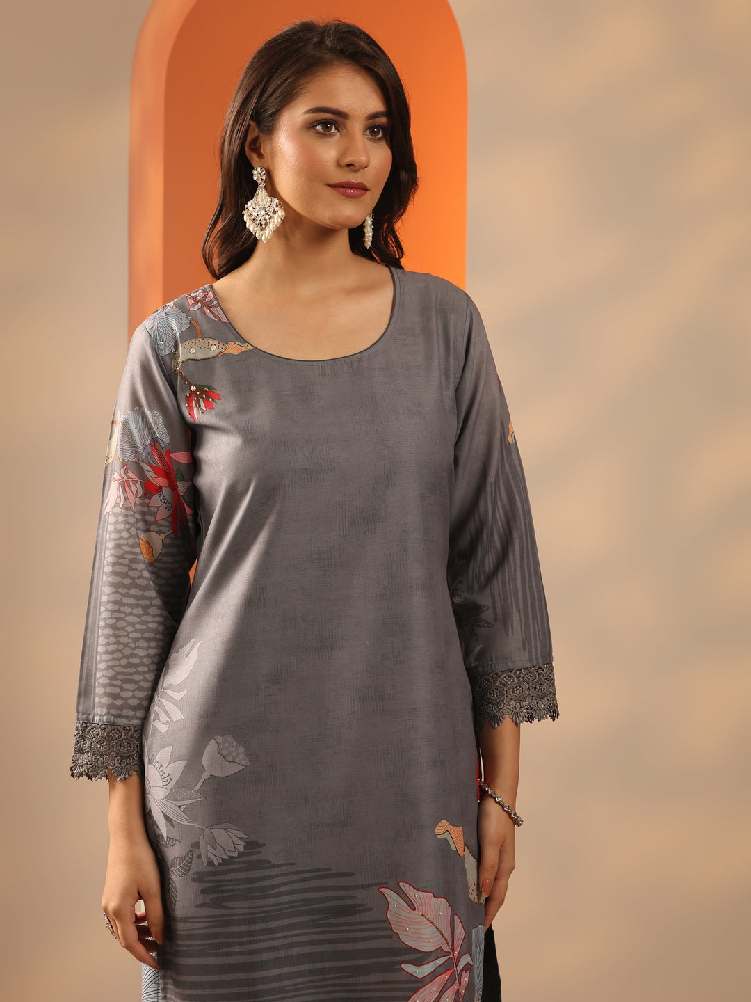 Grey Embroidered Crepe Straight Suit Set With Dupatta