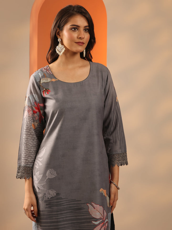 Grey Embroidered Crepe Straight Suit Set With Dupatta