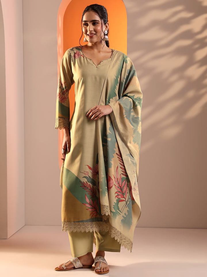 Beige Printed Crepe Straight Suit Set With Dupatta