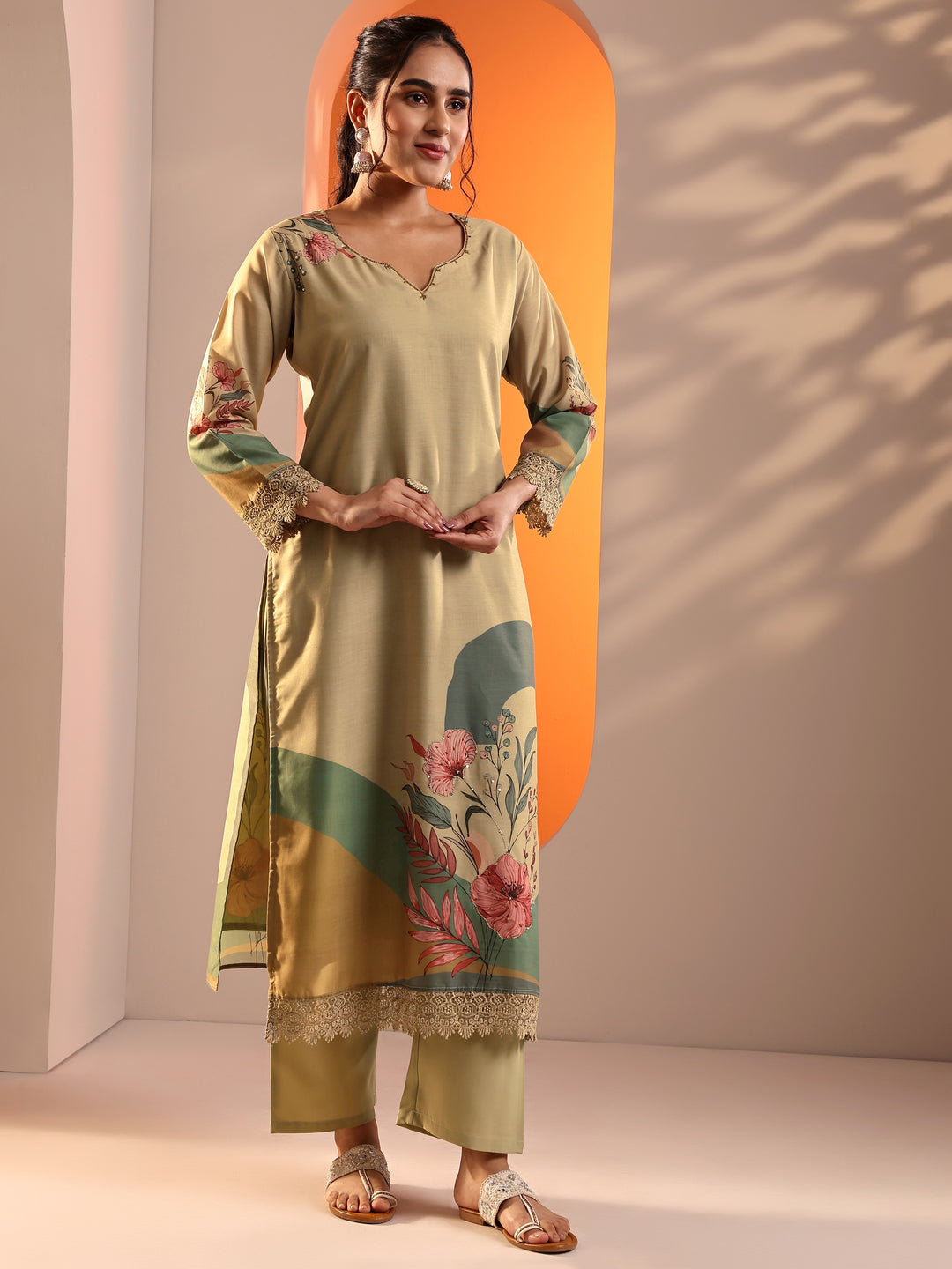 Beige Printed Crepe Straight Suit Set With Dupatta