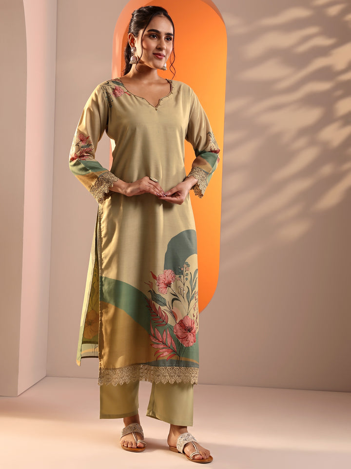Beige Printed Crepe Straight Suit Set With Dupatta