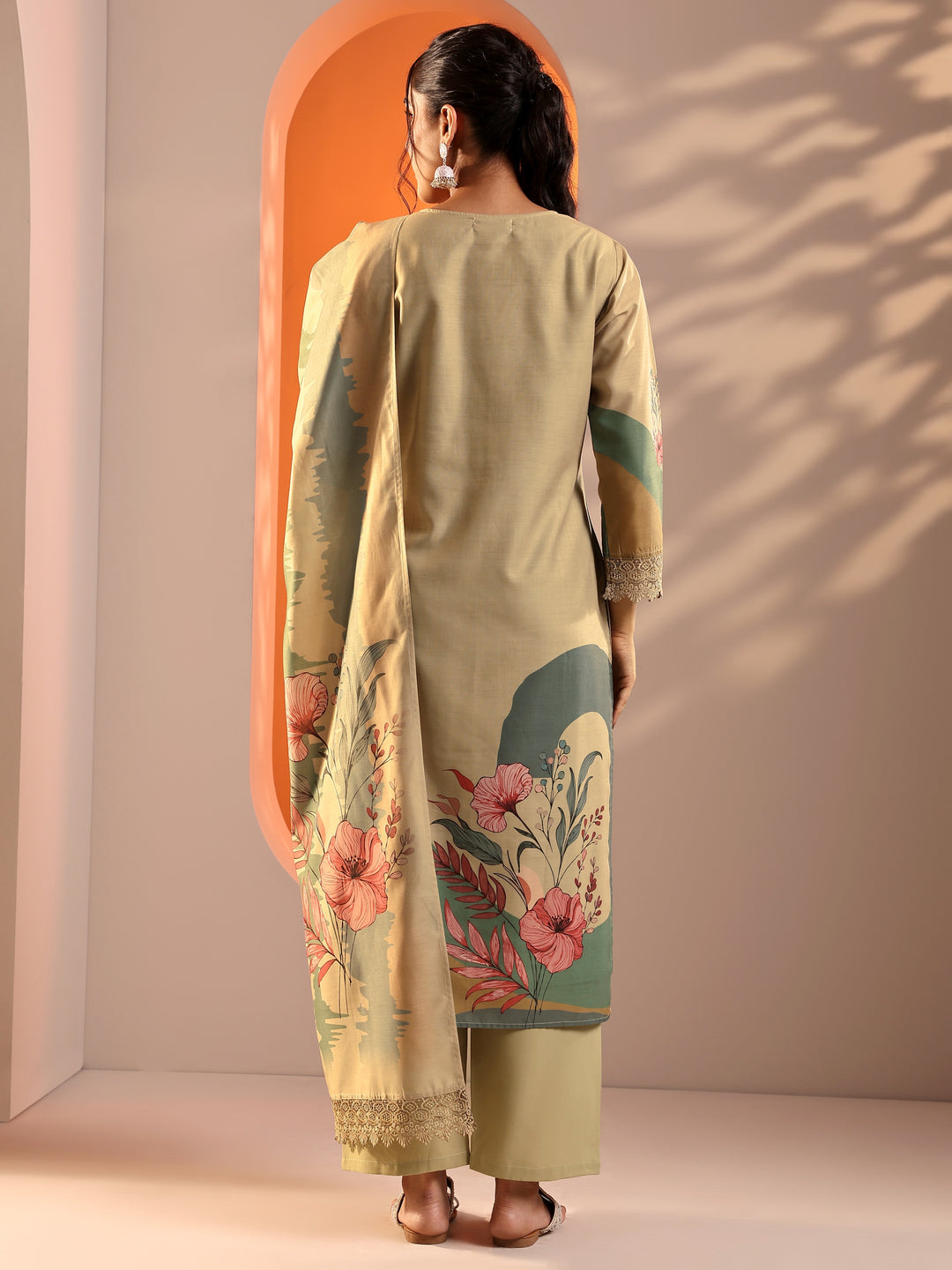 Beige Printed Crepe Straight Suit Set With Dupatta