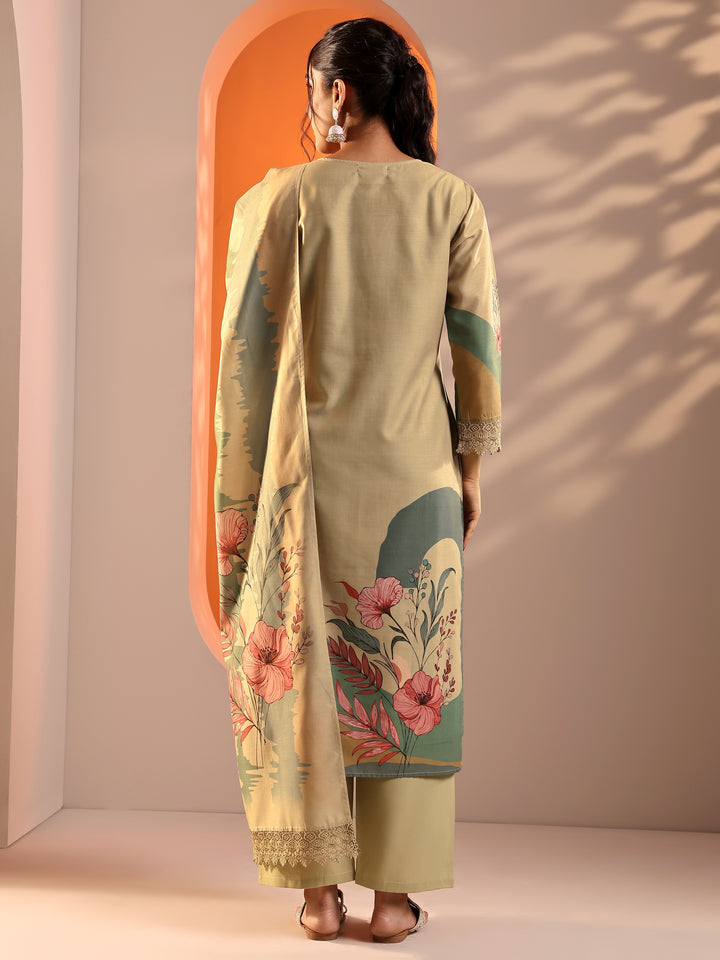 Beige Printed Crepe Straight Suit Set With Dupatta