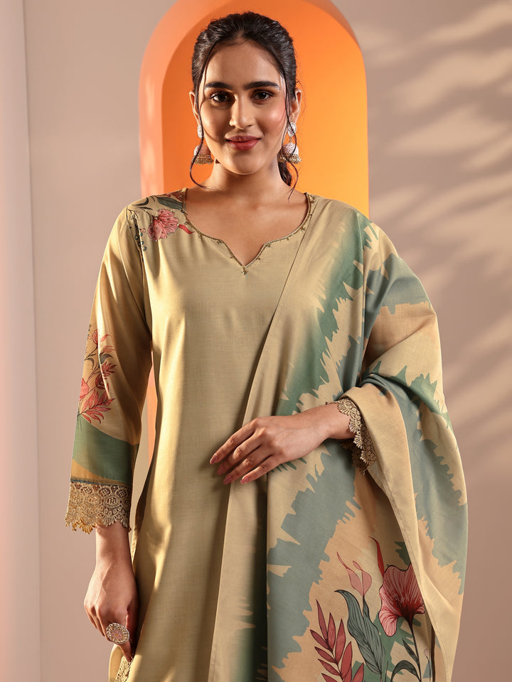 Beige Printed Crepe Straight Suit Set With Dupatta