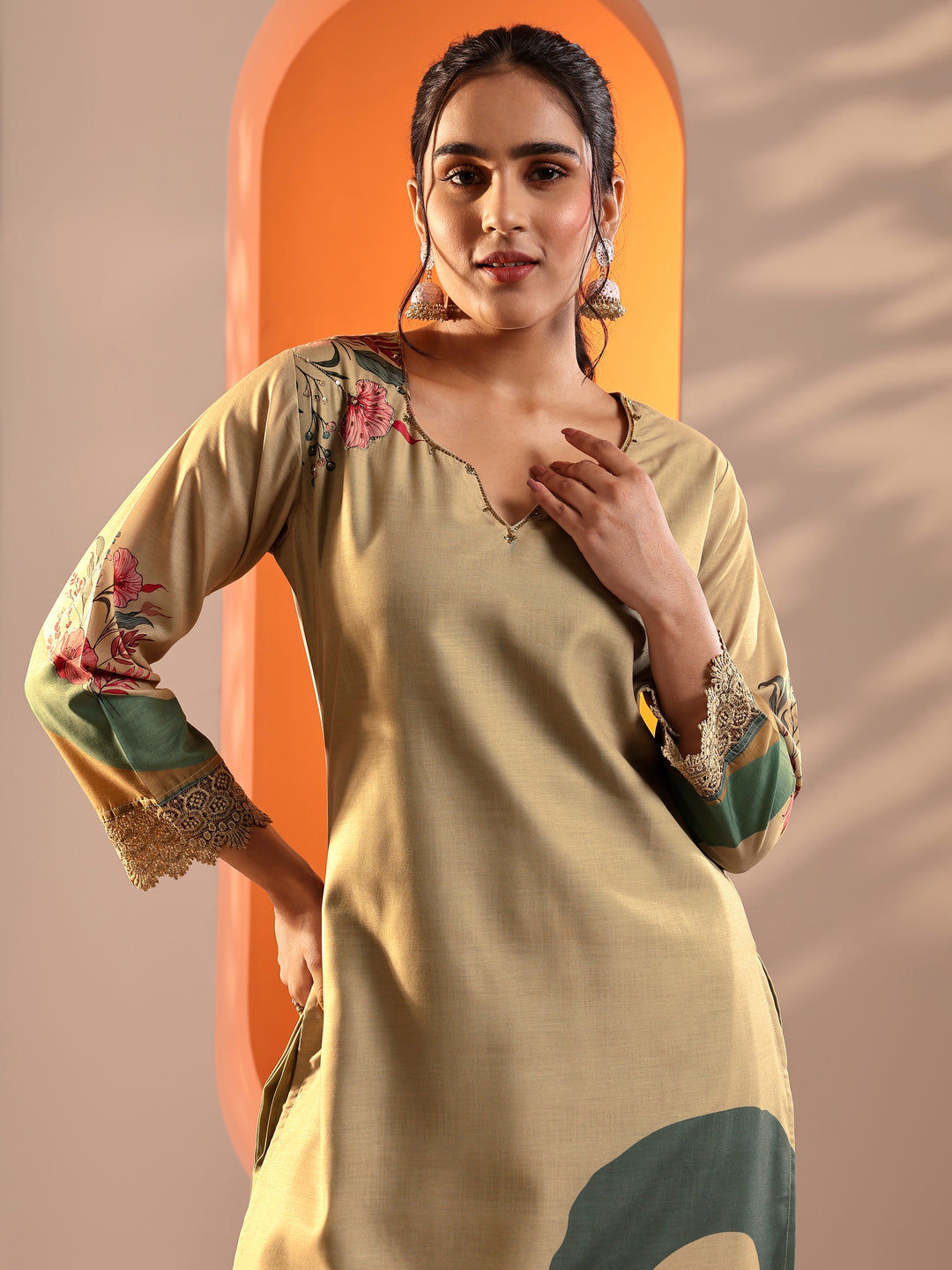 Beige Printed Crepe Straight Suit Set With Dupatta