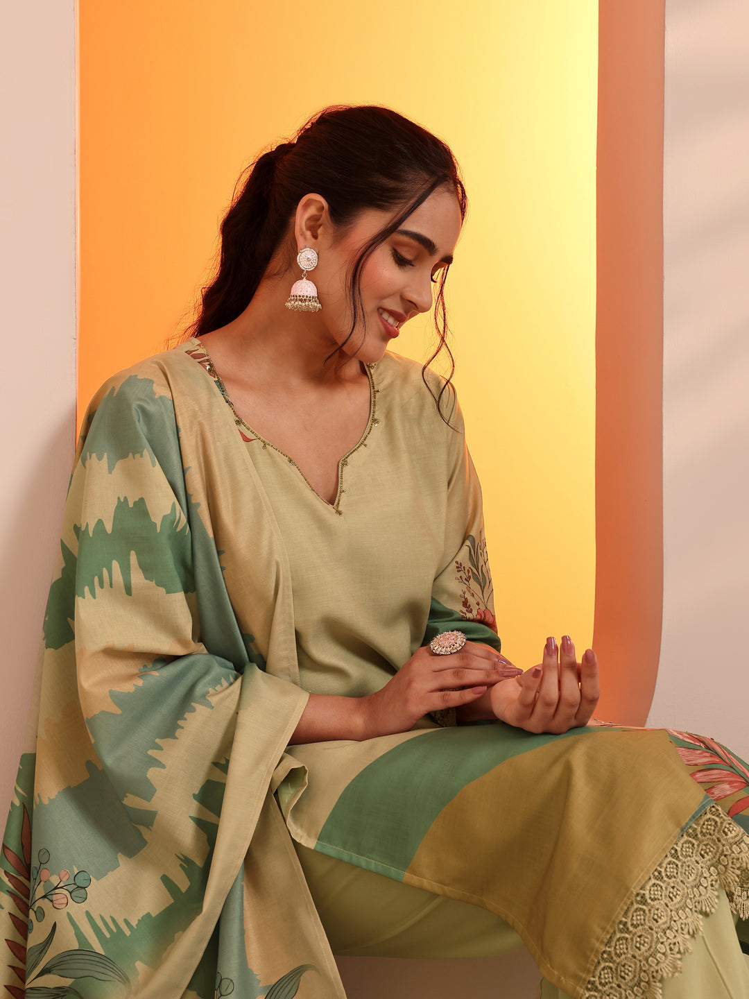 Beige Printed Crepe Straight Suit Set With Dupatta