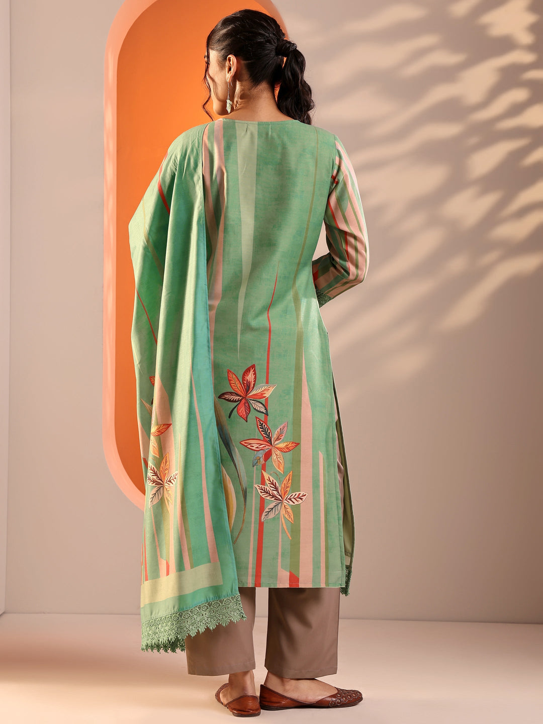 Green Abstract Printed Crepe Straight Suit Set With Dupatta
