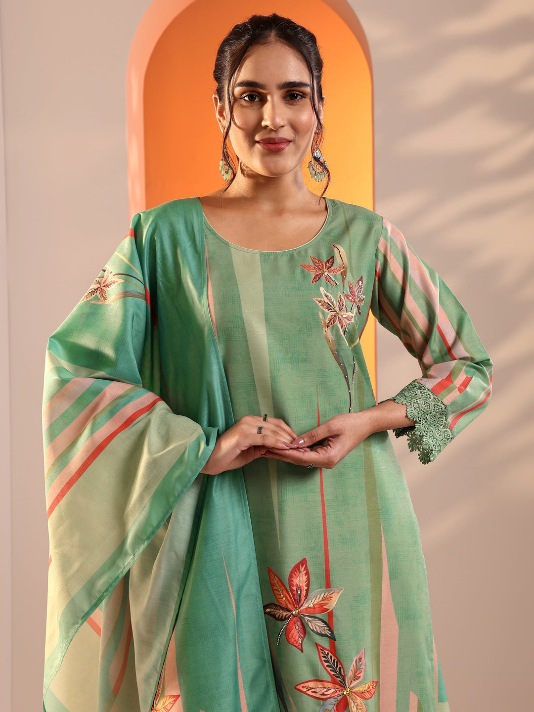 Green Abstract Printed Crepe Straight Suit Set With Dupatta