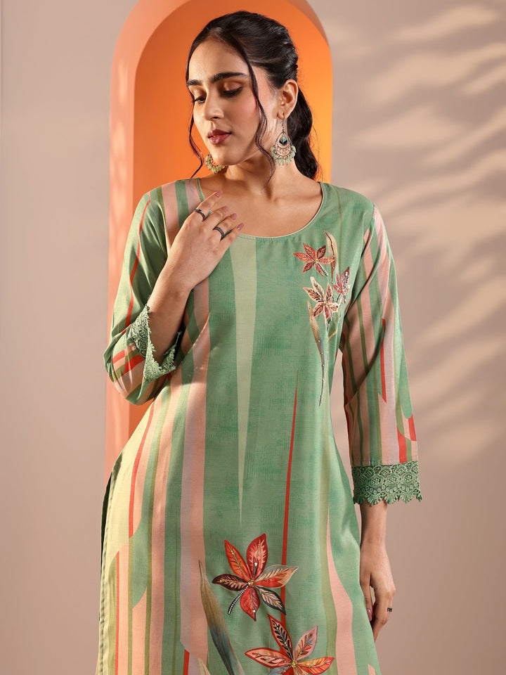 Green Abstract Printed Crepe Straight Suit Set With Dupatta