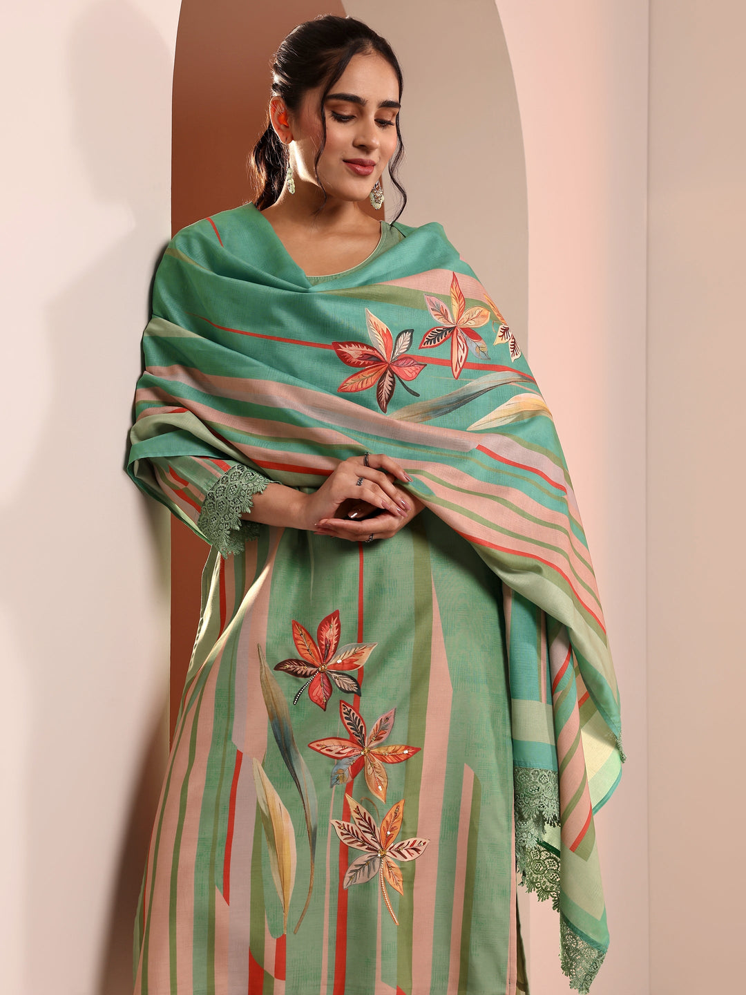 Green Abstract Printed Crepe Straight Suit Set With Dupatta