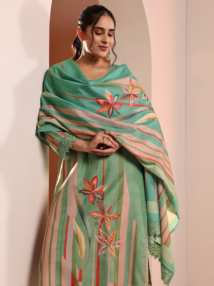 Green Abstract Printed Crepe Straight Suit Set With Dupatta